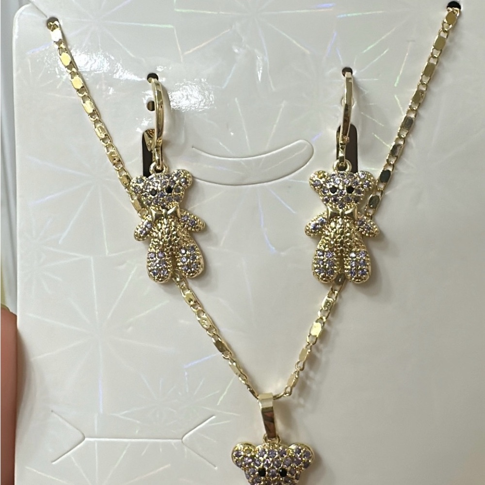 Gold Teddy Bear Drop Earrings with Sparkling Stones